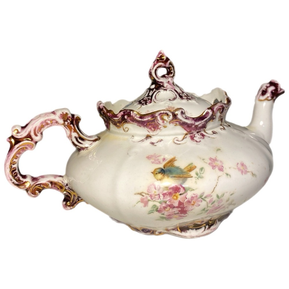 200. Vtg Victorian  LARGE Teapot Bone China ENGLAND Gold Trim hand painted